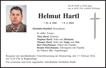 Traueranzeige von Helmut Hartl von Mittelbayerische Zeitung Schwandorf
