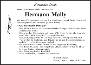 Traueranzeige von Hermann Mally von Neumarkter Tagblatt