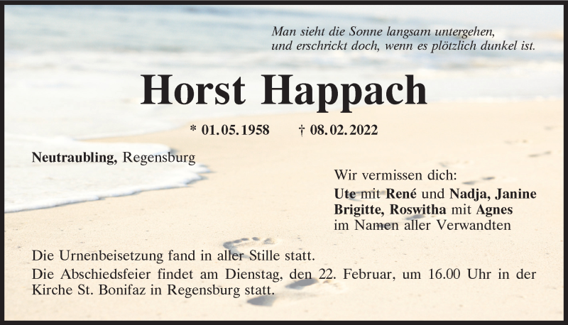  Traueranzeige für Horst Happach vom 19.02.2022 aus Mittelbayerische Zeitung Regensburg