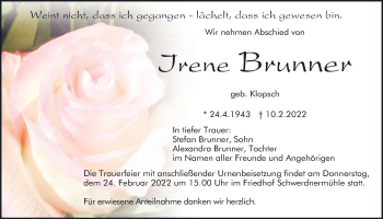 Traueranzeige von Irene Brunner von Mittelbayerische Zeitung Regensburg