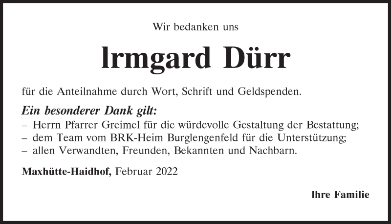  Traueranzeige für Irmgard Dürr vom 16.02.2022 aus Mittelbayerische Zeitung Schwandorf