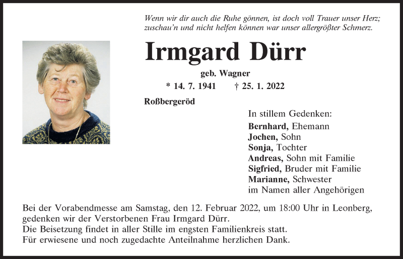  Traueranzeige für Irmgard Dürr vom 05.02.2022 aus Mittelbayerische Zeitung Schwandorf
