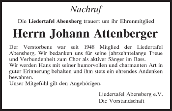 Traueranzeige von Johann Attenberger von Mittelbayerische Zeitung Kelheim