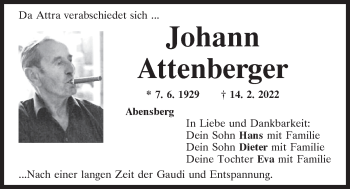 Traueranzeige von Johann Attenberger von Mittelbayerische Zeitung Kelheim