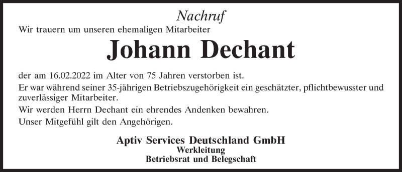  Traueranzeige für Johann Dechant vom 23.02.2022 aus Neumarkter Tagblatt
