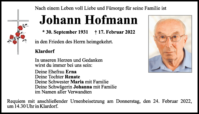  Traueranzeige für Johann Hofmann vom 22.02.2022 aus Mittelbayerische Zeitung Schwandorf
