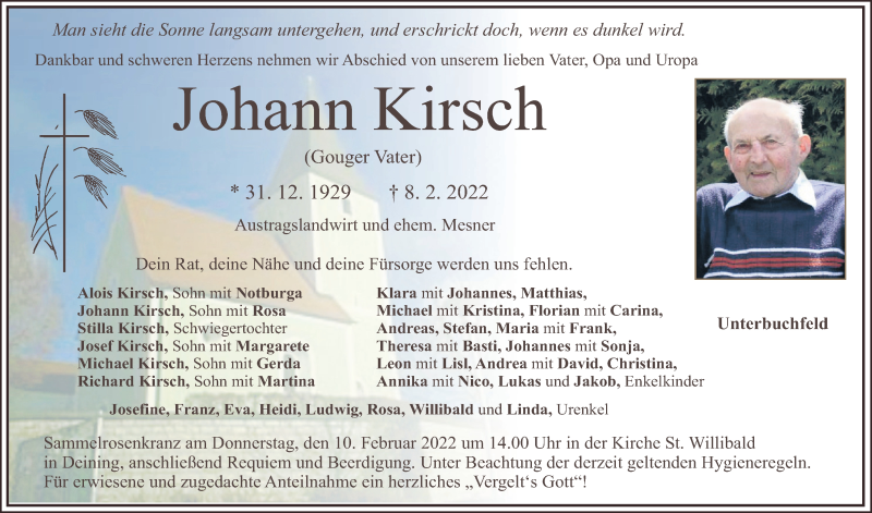 Traueranzeige für Johann Kirsch vom 09.02.2022 aus Neumarkter Tagblatt