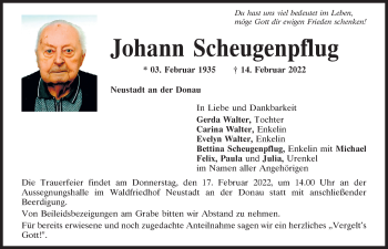 Traueranzeige von Johann Scheugenpflug von Mittelbayerische Zeitung Kelheim