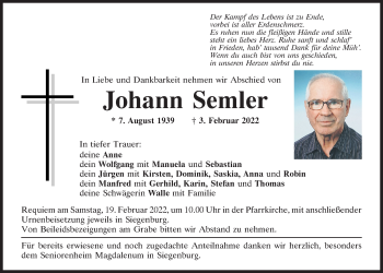 Traueranzeige von Johann Semler von Mittelbayerische Zeitung Kelheim