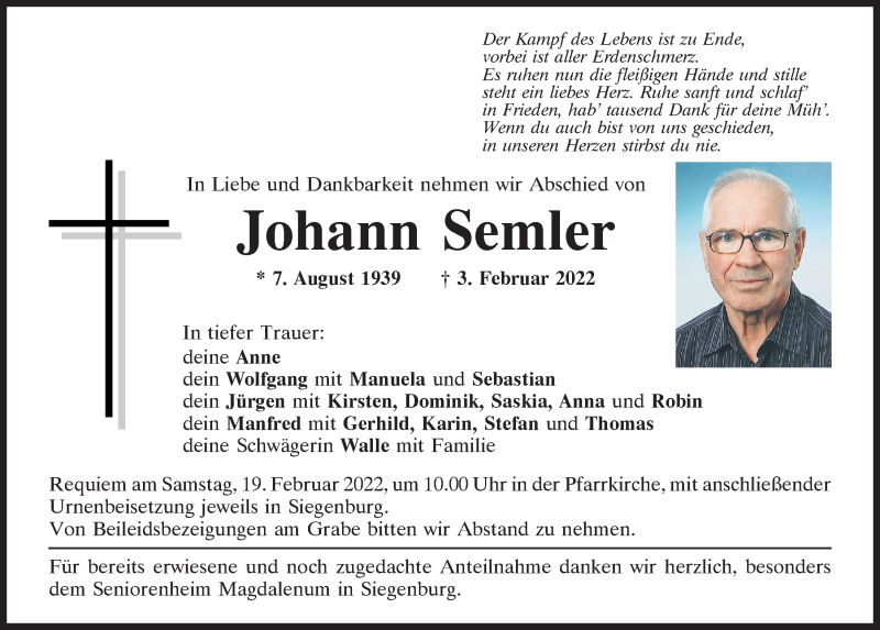  Traueranzeige für Johann Semler vom 17.02.2022 aus Mittelbayerische Zeitung Kelheim