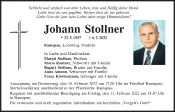 Traueranzeige von Johann Stollner von Mittelbayerische Zeitung Regensburg