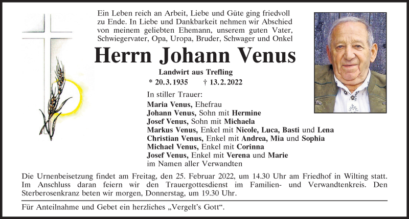  Traueranzeige für Johann Venus vom 23.02.2022 aus Bayerwald Echo