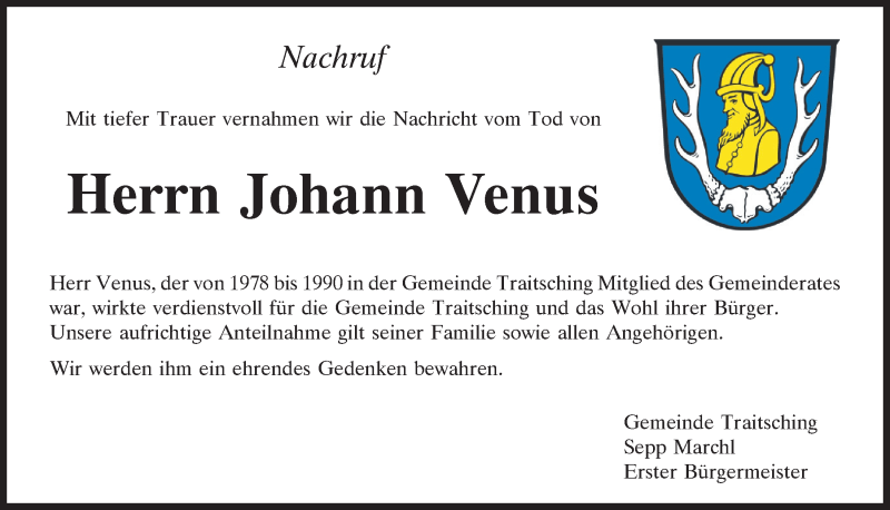  Traueranzeige für Johann Venus vom 24.02.2022 aus Bayerwald Echo