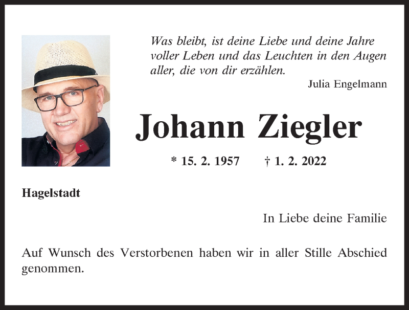  Traueranzeige für Johann Ziegler vom 12.02.2022 aus Mittelbayerische Zeitung Regensburg