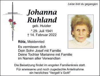 Traueranzeige von Johanna Ruhland von Bayerwald Echo