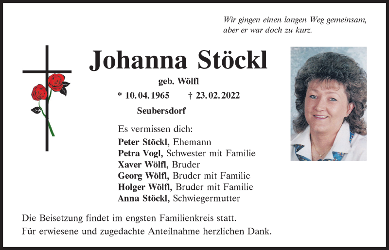  Traueranzeige für Johanna Stöckl vom 26.02.2022 aus Neumarkter Tagblatt