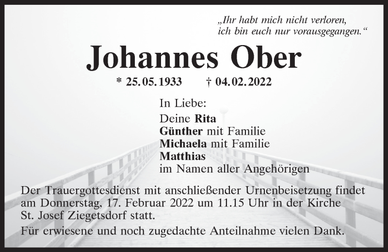  Traueranzeige für Johannes Ober vom 12.02.2022 aus Mittelbayerische Zeitung Regensburg