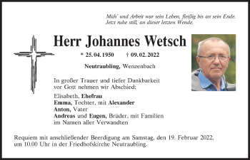 Traueranzeige von Johannes Wetsch von Mittelbayerische Zeitung Regensburg