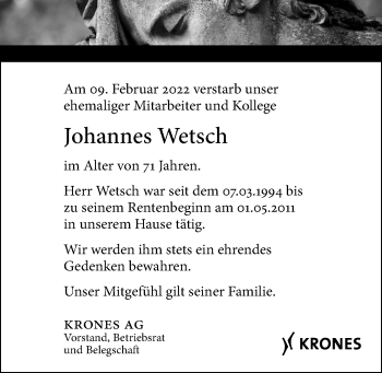Traueranzeige von Johannes Wetsch von Mittelbayerische Zeitung Regensburg