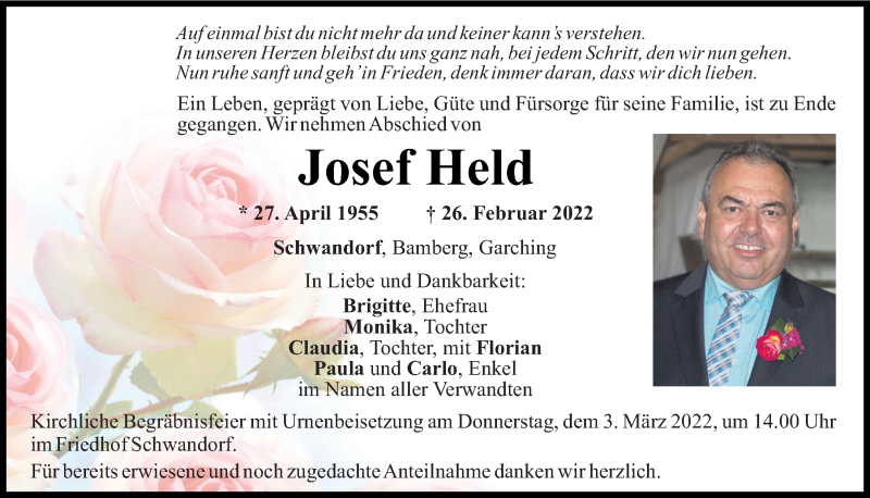  Traueranzeige für Josef Held vom 01.03.2022 aus Mittelbayerische Zeitung Schwandorf