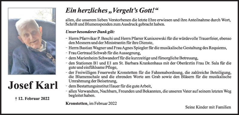  Traueranzeige für Josef Karl vom 25.02.2022 aus Mittelbayerische Zeitung Schwandorf