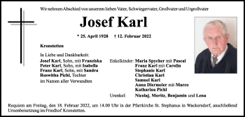 Traueranzeige von Josef Karl von Mittelbayerische Zeitung Schwandorf