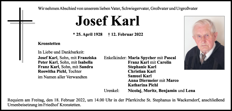  Traueranzeige für Josef Karl vom 16.02.2022 aus Mittelbayerische Zeitung Schwandorf