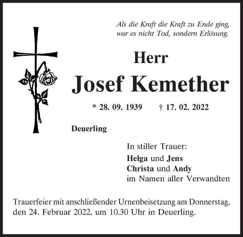  Traueranzeige für Josef Kemether vom 22.02.2022 aus Mittelbayerische Zeitung Regensburg