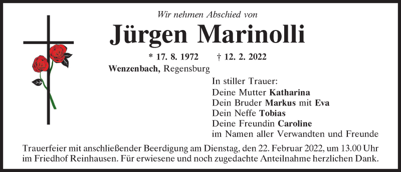  Traueranzeige für Jürgen Marinolli vom 19.02.2022 aus Mittelbayerische Zeitung Regensburg