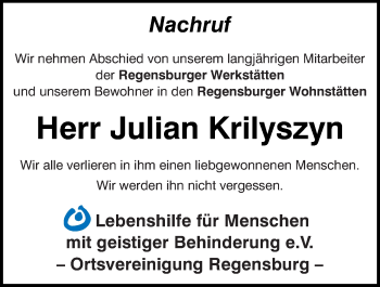 Traueranzeige von Julian Krilyszyn von Mittelbayerische Zeitung Regensburg