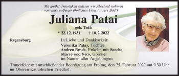 Traueranzeige von Juliana Patai von Mittelbayerische Zeitung Regensburg