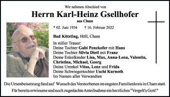 Traueranzeige von Karl-Heinz Gsellhofer von Bayerwald Echo