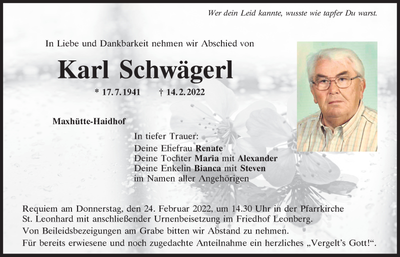  Traueranzeige für Karl Schwägerl vom 22.02.2022 aus Mittelbayerische Zeitung Schwandorf