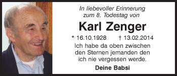 Traueranzeige von Karl Zenger von Mittelbayerische Zeitung Regensburg