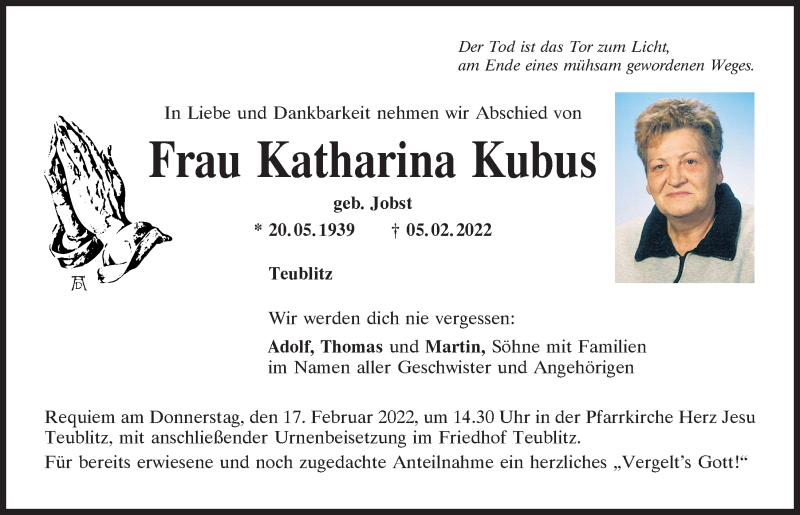  Traueranzeige für Katharina Kubus vom 15.02.2022 aus Mittelbayerische Zeitung Schwandorf