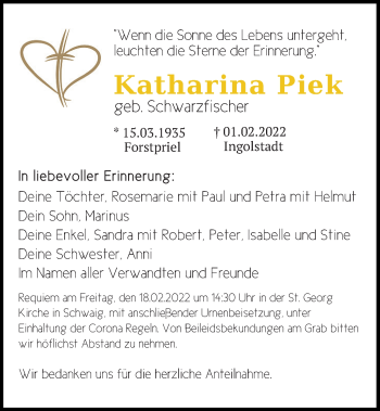 Traueranzeige von Katharina Piek von Mittelbayerische Zeitung Kelheim