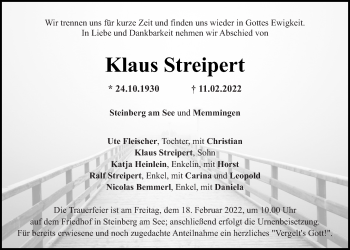 Traueranzeige von Klaus Streipert von Mittelbayerische Zeitung Schwandorf