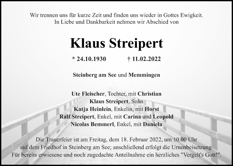  Traueranzeige für Klaus Streipert vom 15.02.2022 aus Mittelbayerische Zeitung Schwandorf
