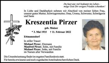 Traueranzeige von Kreszentia Pirzer von Mittelbayerische Zeitung Schwandorf