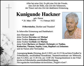 Traueranzeige von Kunigunde Hackner von Neumarkter Tagblatt
