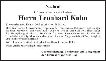 Traueranzeige von Leonhard Kuhn von Neumarkter Tagblatt
