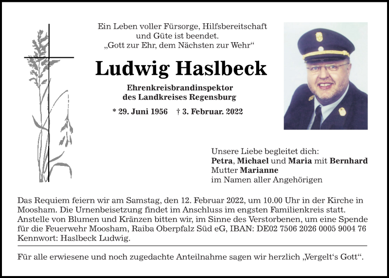  Traueranzeige für Ludwig Haslbeck vom 10.02.2022 aus Mittelbayerische Zeitung Regensburg