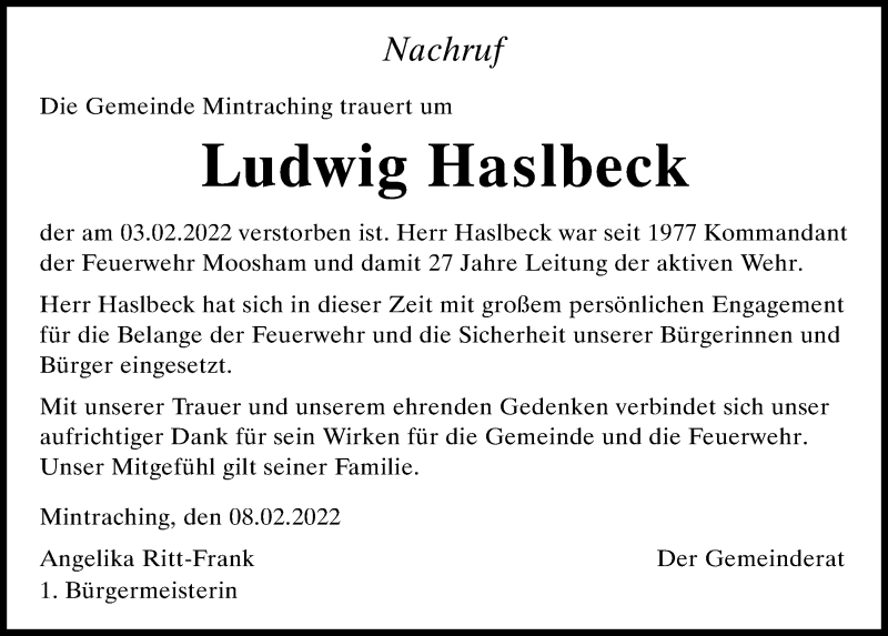  Traueranzeige für Ludwig Haslbeck vom 12.02.2022 aus Mittelbayerische Zeitung Regensburg