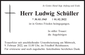 Traueranzeige von Ludwig Schüller von Mittelbayerische Zeitung Regensburg