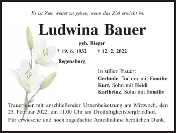 Traueranzeige von Ludwina Bauer von Mittelbayerische Zeitung Regensburg