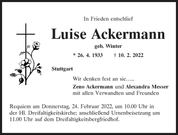 Traueranzeige von Luise Ackermann von Mittelbayerische Zeitung Regensburg