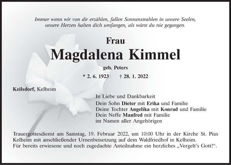  Traueranzeige für Magdalena Kimmel vom 12.02.2022 aus Mittelbayerische Zeitung Kelheim