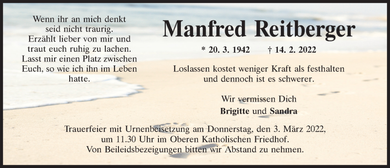  Traueranzeige für Manfred Reitberger vom 26.02.2022 aus Mittelbayerische Zeitung Regensburg