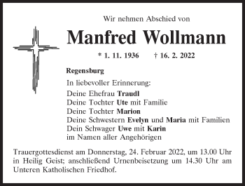 Traueranzeige von Manfred Wollmann von Mittelbayerische Zeitung Regensburg