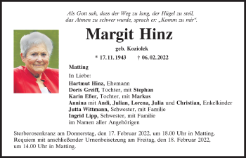 Traueranzeige von Margit Hinz von Mittelbayerische Zeitung Regensburg